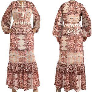 Mossimo|Women|Maxi Boho Dress|Size XS|Ivory Wine|Elastic Waist|Lined|Ruffle|Midi